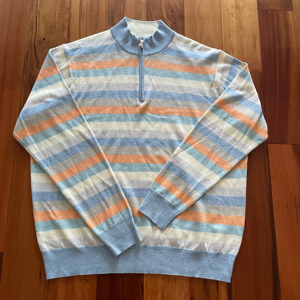 Peter Millar Casual Blue and Orange Sweater with Zip Mock Neck